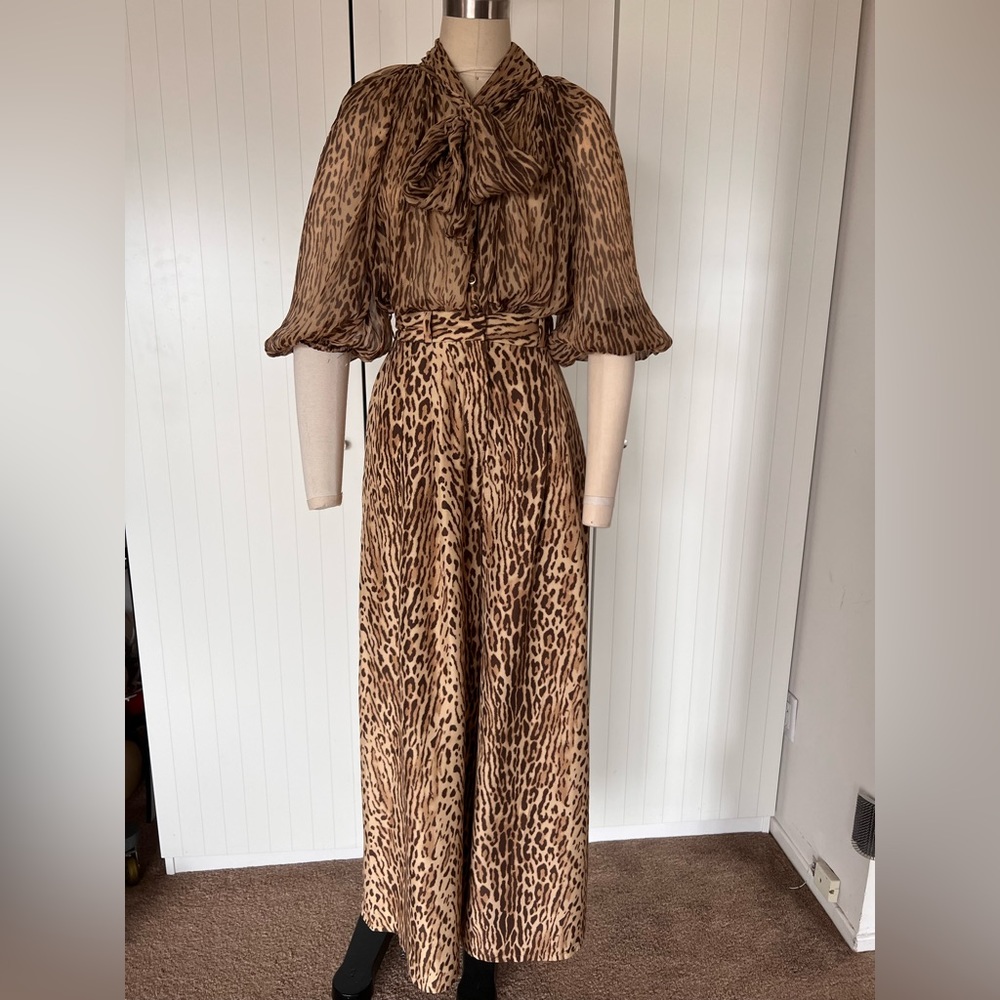 $1500 Zimmermann SILK leopard animal print bow blouse & wide pants 0 XS S M